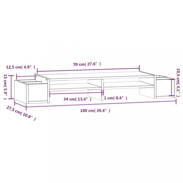 fehér tömör fenyőfa monitorállvány 100x27,5x15 cm