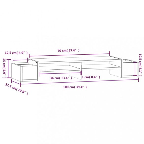 szürke tömör fenyőfa monitorállvány 100x27,5x15 cm