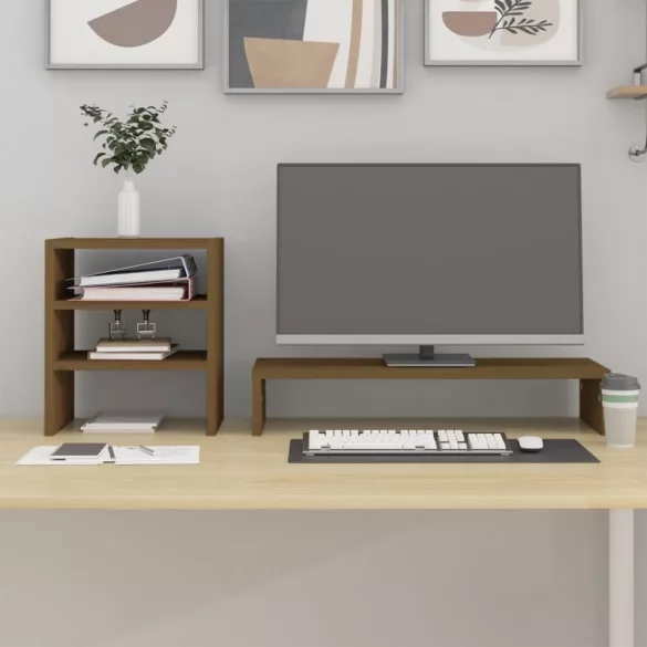 mézbarna tömör fenyőfa monitorállvány 81 x 20 x 30 cm