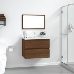   2 részes barna tölgy színű szerelt fa fürdőszobai bútorszett