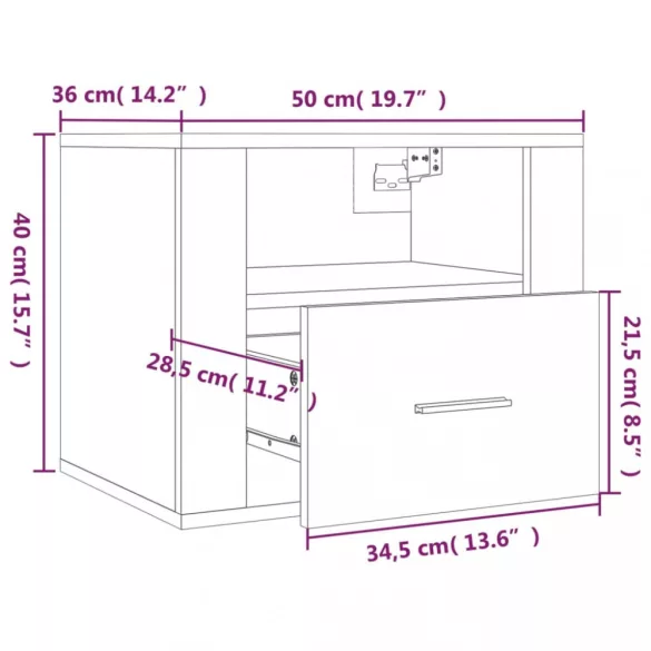 fehér falra szerelhető éjjeliszekrény 50 x 36 x 40 cm