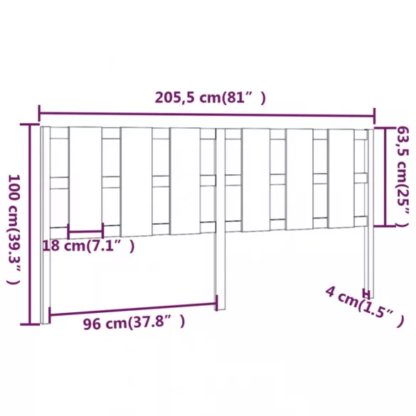 mézbarna tömör fenyőfa ágyfejtámla 205,5x4x100 cm