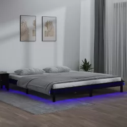 fekete tömör fa ágykeret LED-világítással 160 x 200 cm