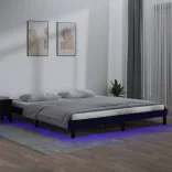 fekete tömör fa ágykeret LED-világítással 200 x 200 cm