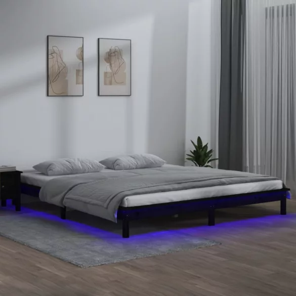 fekete tömör fa ágykeret LED-világítással 200 x 200 cm