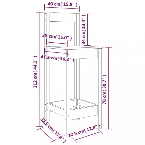 2 db fekete tömör fenyőfa bárszék 40 x 41,5 x 112 cm