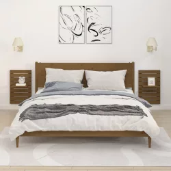   2 db mézbarna tömör fenyőfa falra szerelhető éjjeli polc