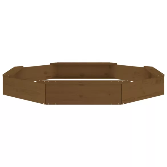 mézbarna nyolcszög alakú tömör fenyőfa homokozó ülésekkel