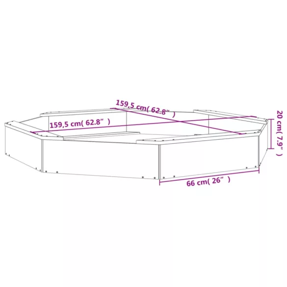 mézbarna nyolcszög alakú tömör fenyőfa homokozó ülésekkel