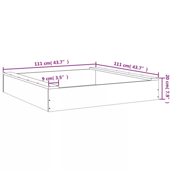 szürke négyszög alakú tömör fenyőfa homokozó ülésekkel