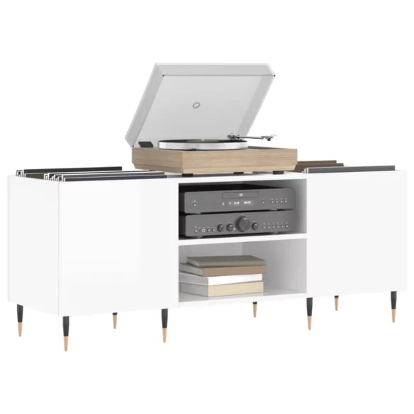 magasfényű fehér szerelt fa hanglemezszekrény 121x38x48 cm