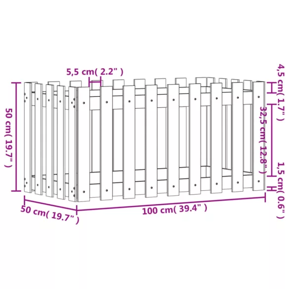 fehér tömör fenyőfa kerti magaságyás kerítéssel 100x50x50 cm