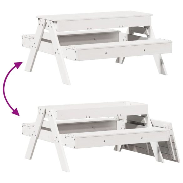 fehér tömör fenyőfa piknikasztal homokozóval gyerekeknek