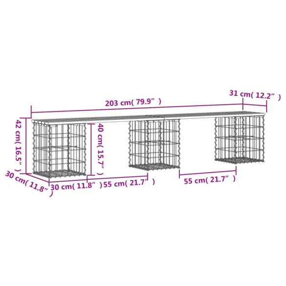 tömör fenyőfa gabion kerti pad 203x31x42 cm