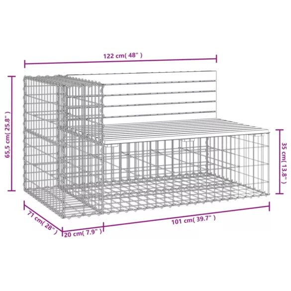 tömör impregnált fenyőfa gabion kerti pad 122x71x65,5 cm