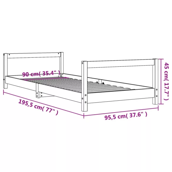 fehér tömör fenyőfa gyerekágykeret 90x190 cm