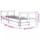 fekete tömör fenyőfa gyerekágykeret fiókokkal 80 x 200 cm