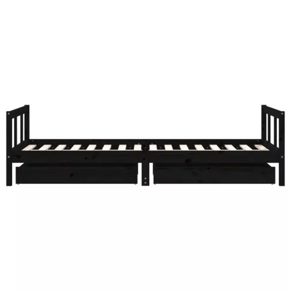 fekete tömör fenyőfa gyerekágykeret fiókokkal 90 x 200 cm