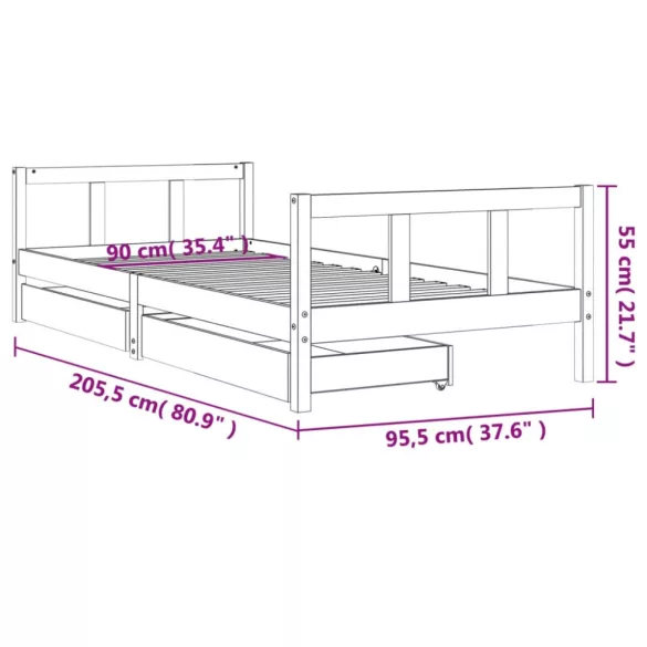 fekete tömör fenyőfa gyerekágykeret fiókokkal 90 x 200 cm