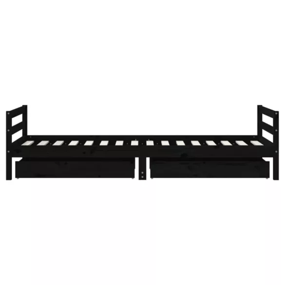 fekete tömör fenyőfa gyerekágykeret fiókokkal 90 x 200 cm