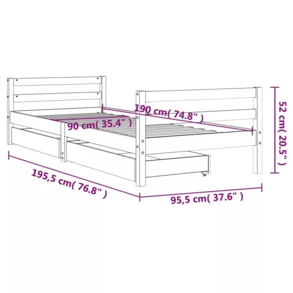tömör fenyőfa gyerekágy keret fiókkal 90x190 cm