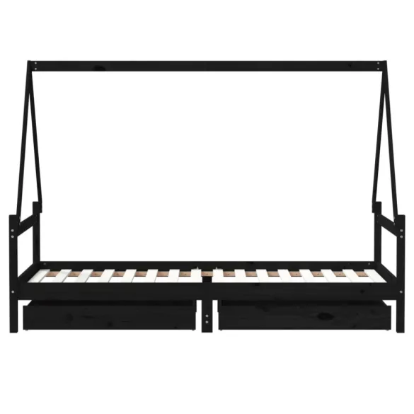 fekete tömör fenyőfa gyerekágykeret fiókokkal 80 x 200 cm