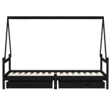 fekete tömör fenyőfa gyerekágykeret fiókokkal 90 x 200 cm