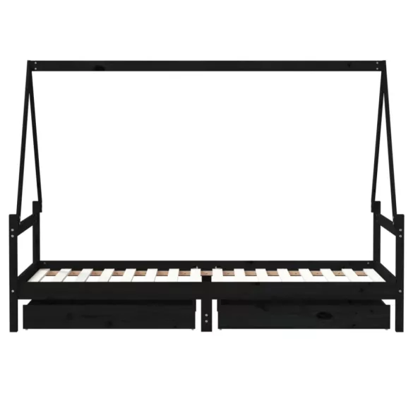 fekete tömör fenyőfa gyerekágykeret fiókokkal 90 x 200 cm