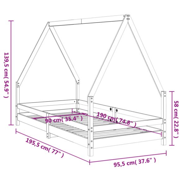 tömör fenyőfa gyerekágykeret 90 x 190 cm