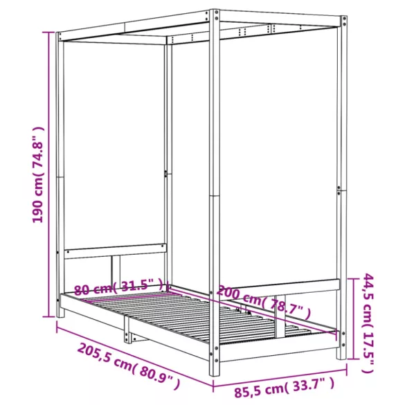 fekete tömör fenyőfa gyerekágykeret 80 x 200 cm