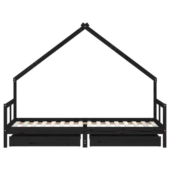 fekete tömör fenyőfa gyerekágykeret fiókokkal 80 x 200 cm