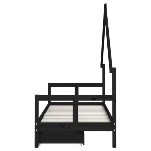 fekete tömör fenyőfa gyerekágykeret fiókokkal 80 x 200 cm