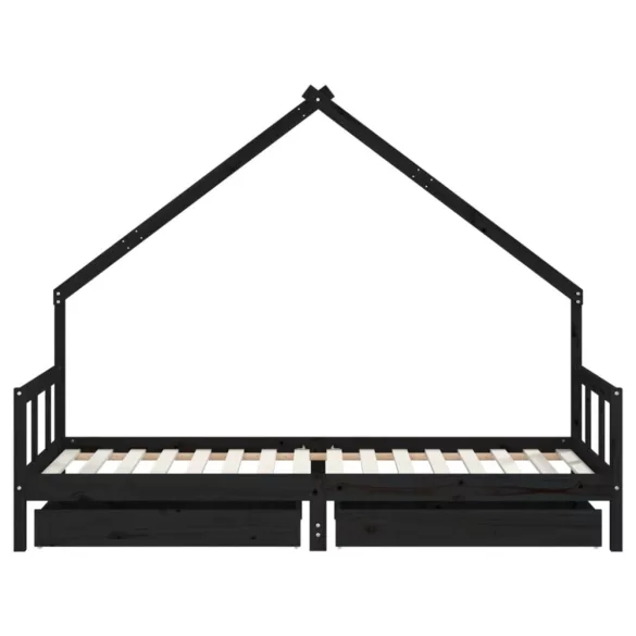 fekete tömör fenyőfa gyerekágykeret fiókokkal 90 x 200 cm