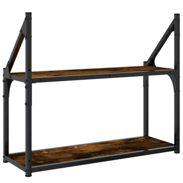 2 szintes füstös tölgy színű szerelt fa fali polc 60x21x51 cm