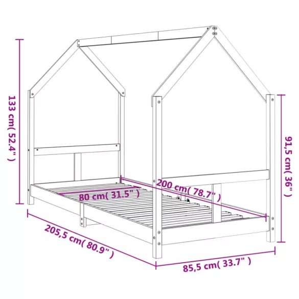 tömör fenyőfa gyerekágykeret 80 x 200 cm