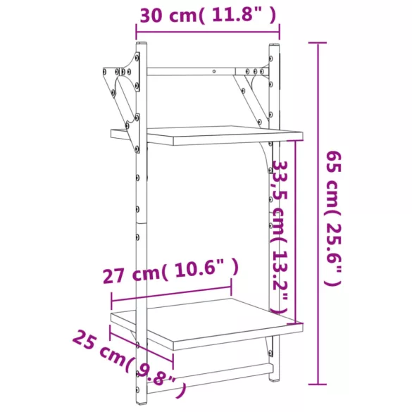 2 db 2 szintes szürke sonoma tölgy falipolc rúddal 30x25x65 cm