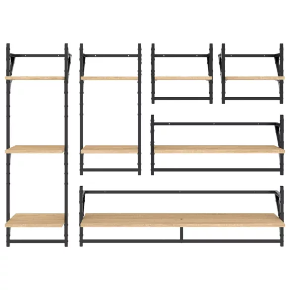 6 részes sonoma tölgy színű szerelt fa fali polc szett rúddal