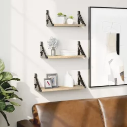 3 részes sonoma tölgy színű szerelt fa fali polc szett