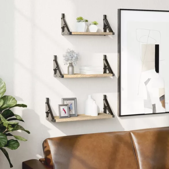 3 részes sonoma tölgy színű szerelt fa fali polc szett