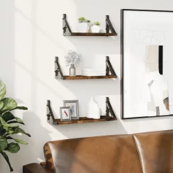   3 részes füstölt tölgy színű szerelt fa fali polc szett