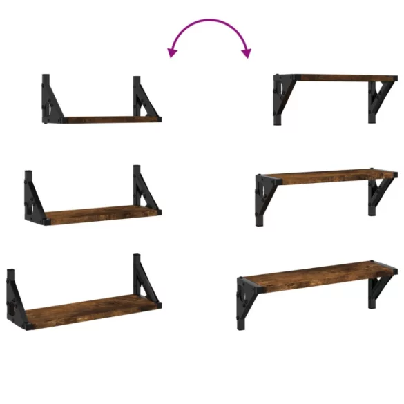 3 részes füstölt tölgy színű szerelt fa fali polc szett