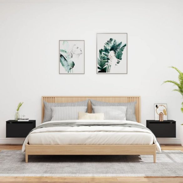 2 db fekete falra szerelhető éjjeliszekrény LED-világítással