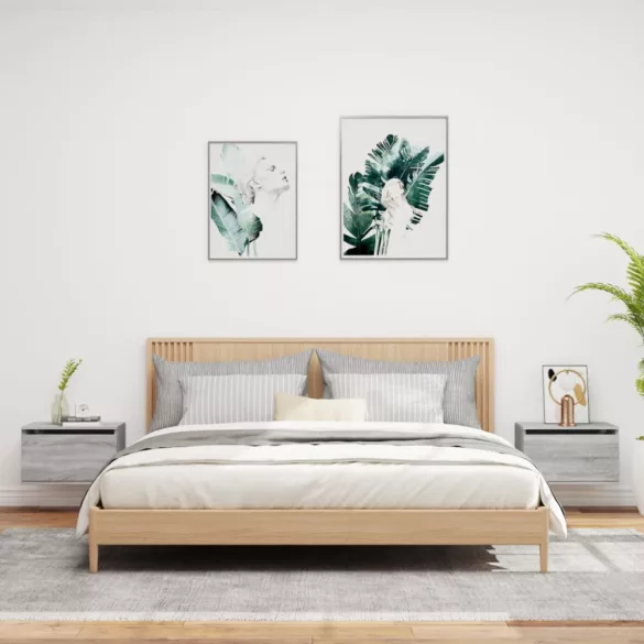 2 db szürke sonoma színű fali éjjeliszekrény LED-világítással