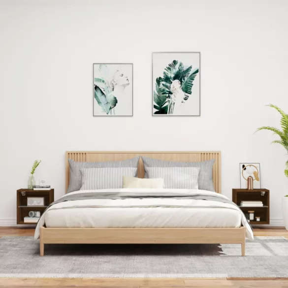 2 db barna tölgy színű fali éjjeliszekrény LED-világítással