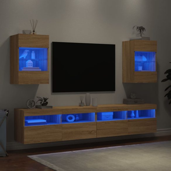 2 db sonoma tölgy színű fali szekrények LED világítással TV-hez 40x30x60,5 cm