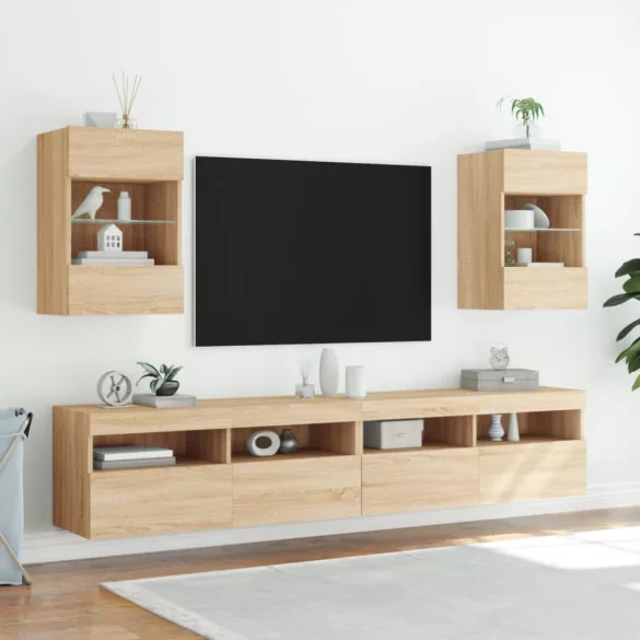 2 db sonoma tölgy színű fali szekrények LED világítással TV-hez 40x30x60,5 cm
