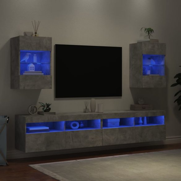 2 db betonszürke fali szekrények LED világítással TV-hez 40x30x60,5 cm