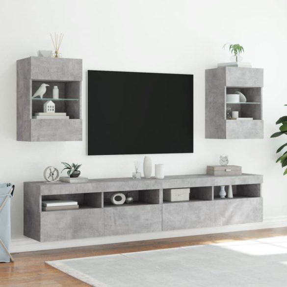 2 db betonszürke fali szekrények LED világítással TV-hez 40x30x60,5 cm