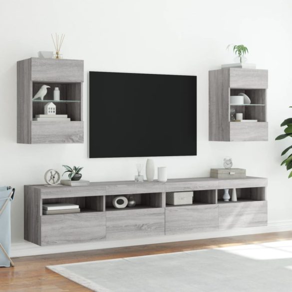 2 db szürke sonoma fali szekrények LED világítással TV-hez 40x30x60,5 cm