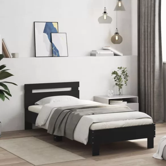 fekete szerelt fa ágykeret fejtámlával 90 x 200 cm